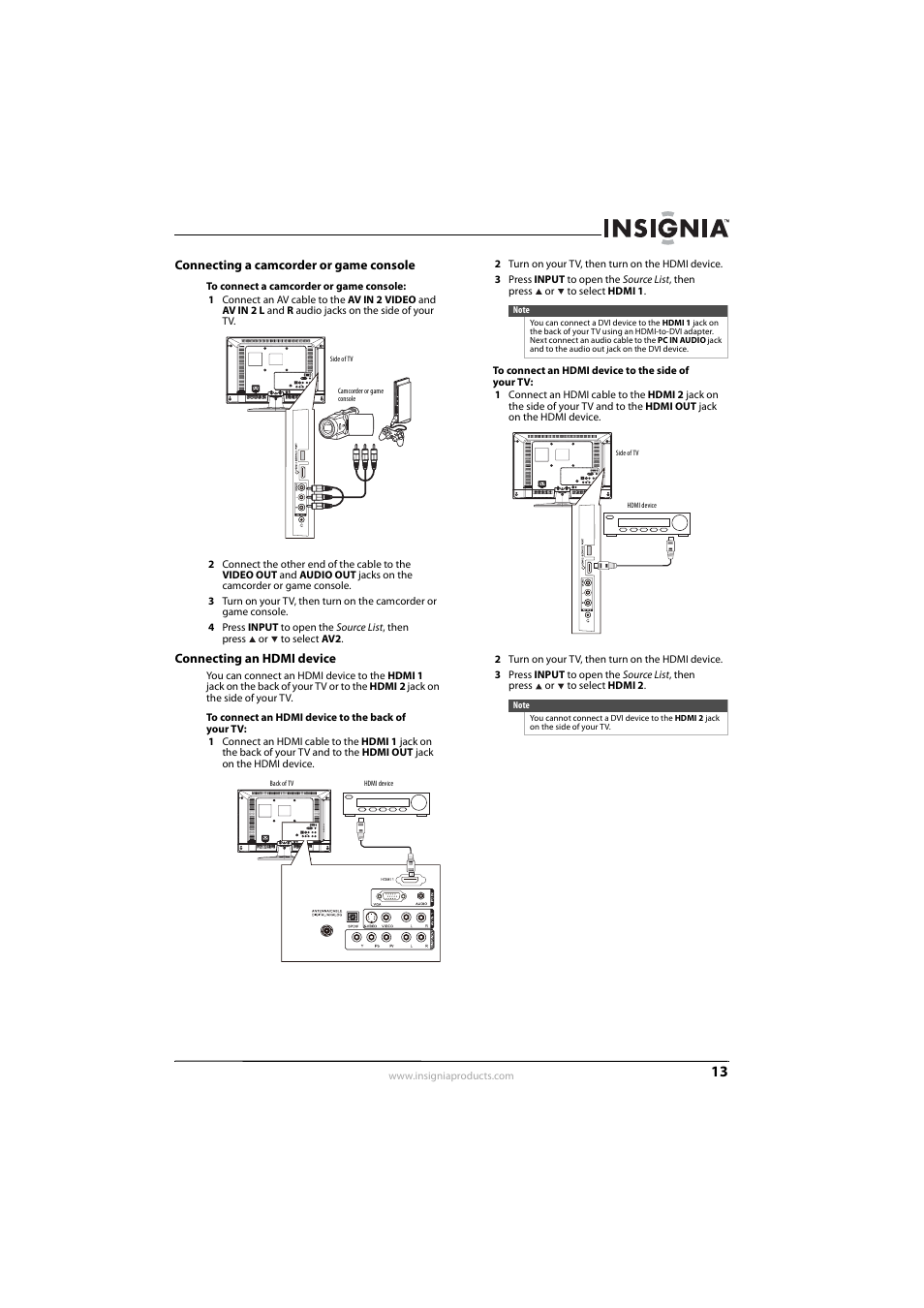 Connecting a camcorder or game console, Connecting an hdmi device, See “connecting an hdmi device | See “connecting an hdmi device” o, Ee “connecting a camcorder or game console | Insignia NS-L22Q-10A User Manual | Page 17 / 40