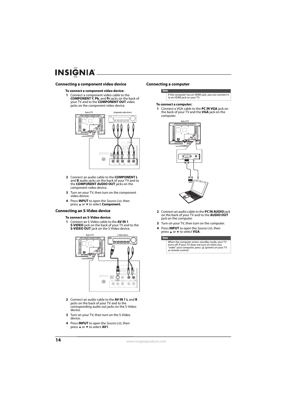 Connecting a component video device, Connecting an s-video device, Connecting a computer | Connecting a computer” o, Ee “connecting an s-video device, Ee “connecting a component video device, See “connecting a computer” on, Ee “connecting an s-video device” o, 14 o | Insignia NS-L22Q-10A User Manual | Page 18 / 40
