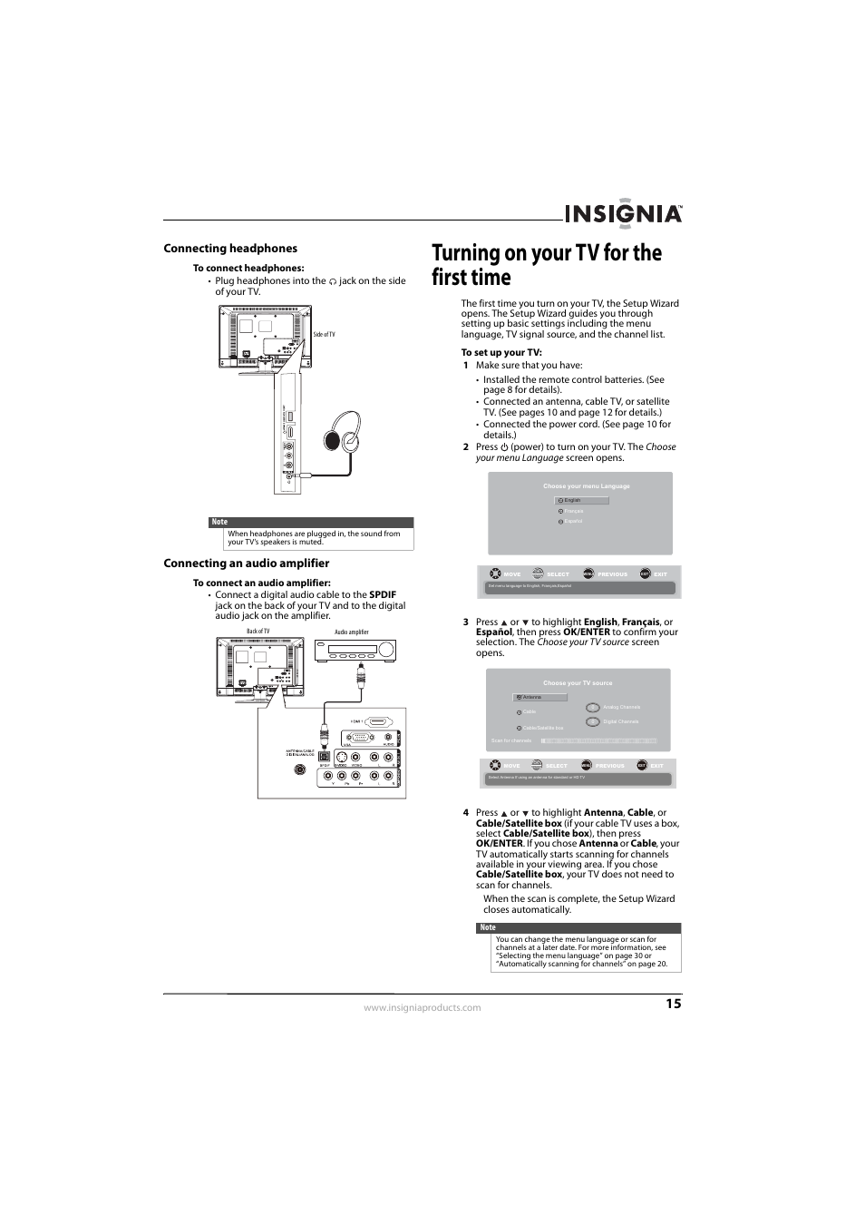Connecting headphones, Connecting an audio amplifier, Turning on your tv for the first time | Ee “connecting headphones” o | Insignia NS-L22Q-10A User Manual | Page 19 / 40