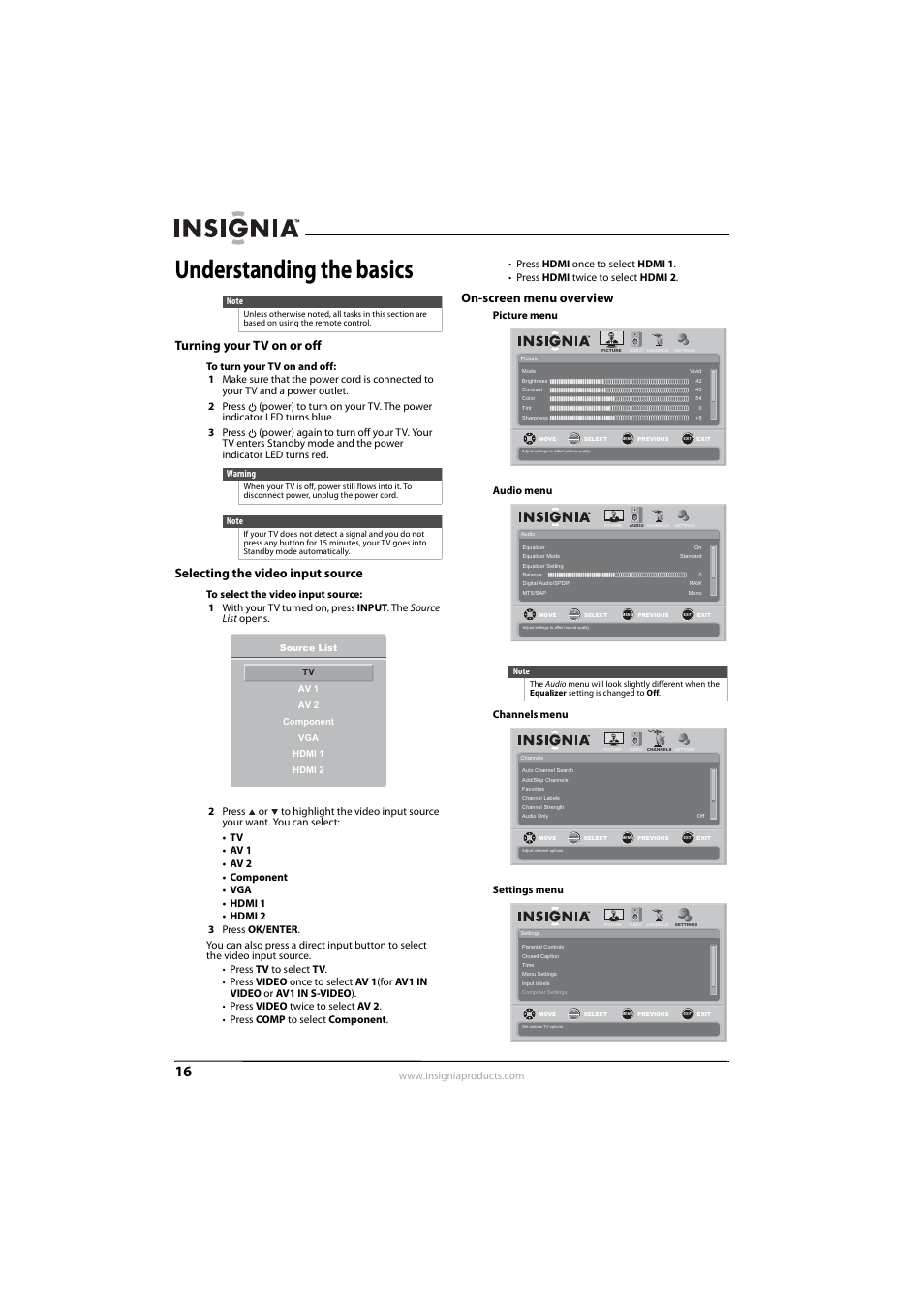 Understanding the basics, Turning your tv on or off, Selecting the video input source | On-screen menu overview, Selecting the video input source” o | Insignia NS-L22Q-10A User Manual | Page 20 / 40