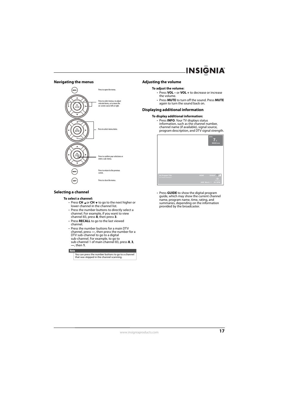 Navigating the menus, Selecting a channel, Adjusting the volume | Displaying additional information, Ee “selecting a channel” o, Ge 17, Navigating the menus selecting a channel | Insignia NS-L22Q-10A User Manual | Page 21 / 40