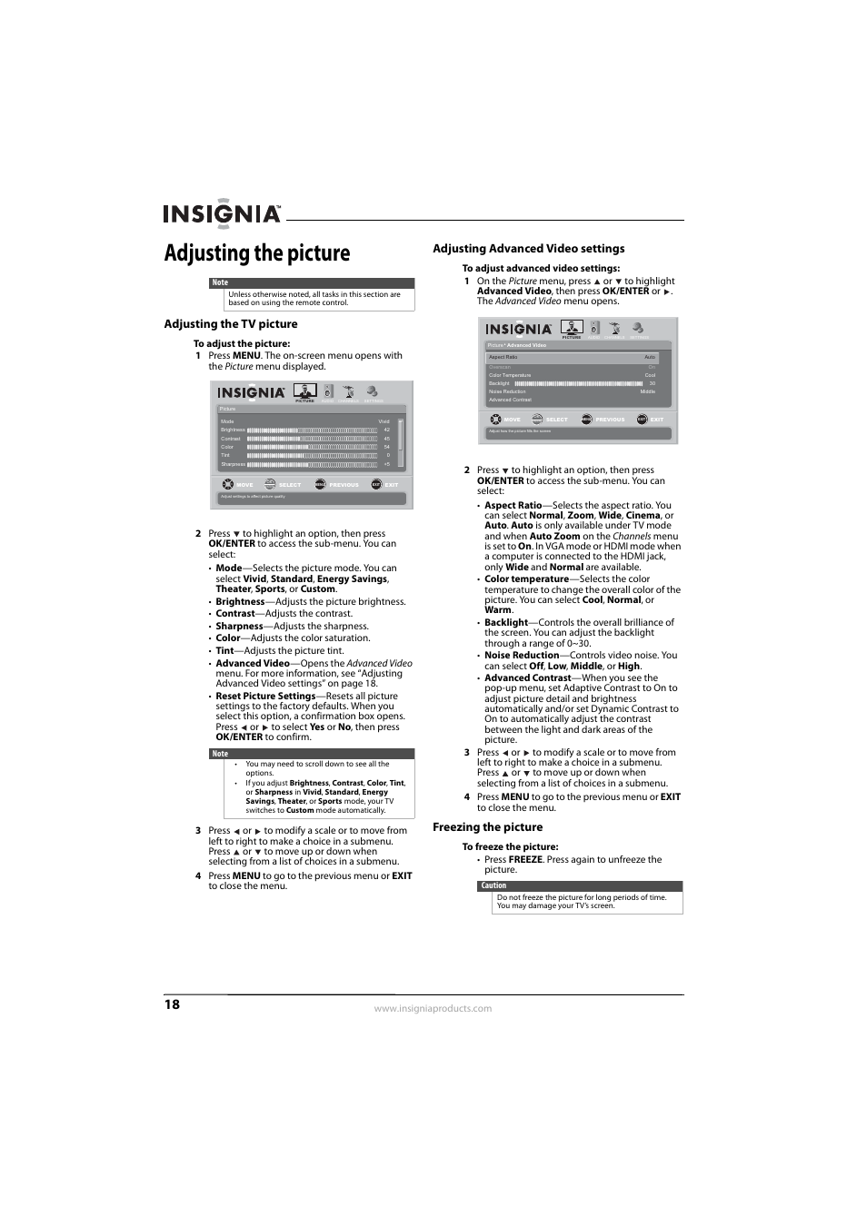 Adjusting the picture, Adjusting the tv picture, Adjusting advanced video settings | Freezing the picture, Ee “adjusting the tv picture, Adjusting advanced video settings” on | Insignia NS-L22Q-10A User Manual | Page 22 / 40