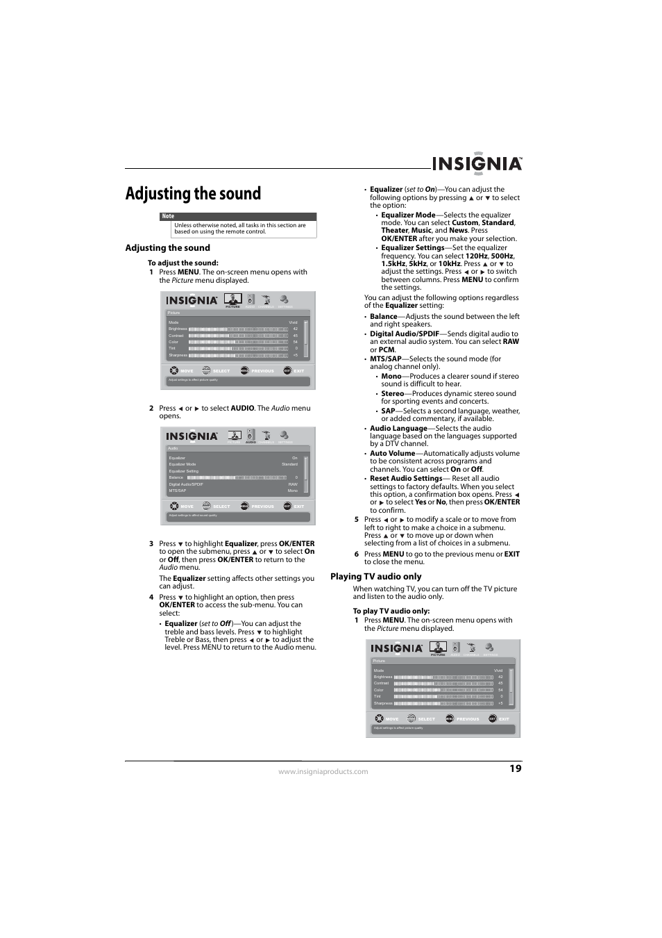 Adjusting the sound, Playing tv audio only, Adjusting the sound playing tv audio only | Adjusting the sound” o, Ge 19, Ee “adjusting the sound | Insignia NS-L22Q-10A User Manual | Page 23 / 40