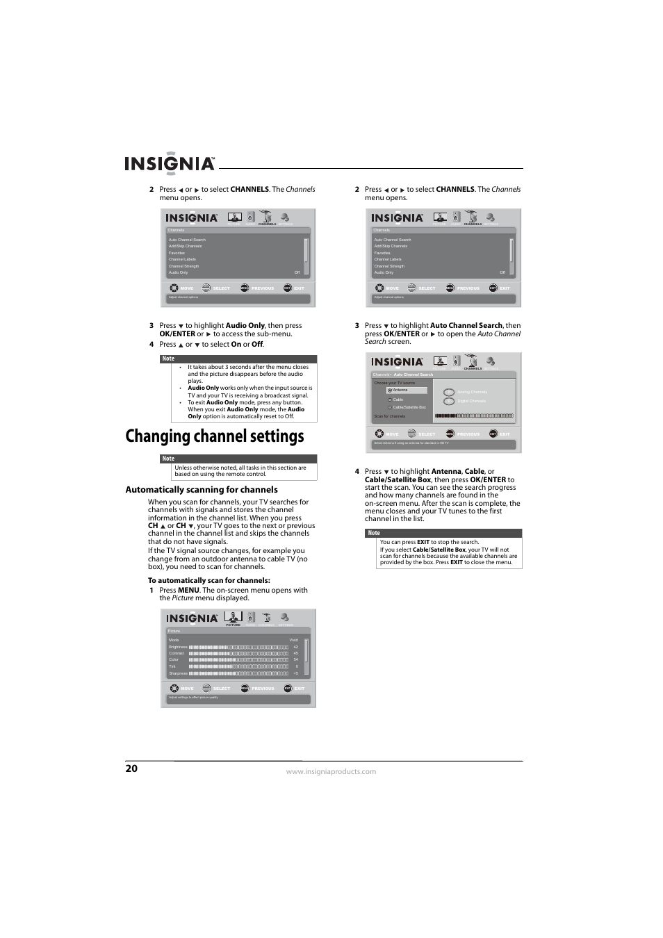 Changing channel settings, Automatically scanning for channels | Insignia NS-L22Q-10A User Manual | Page 24 / 40