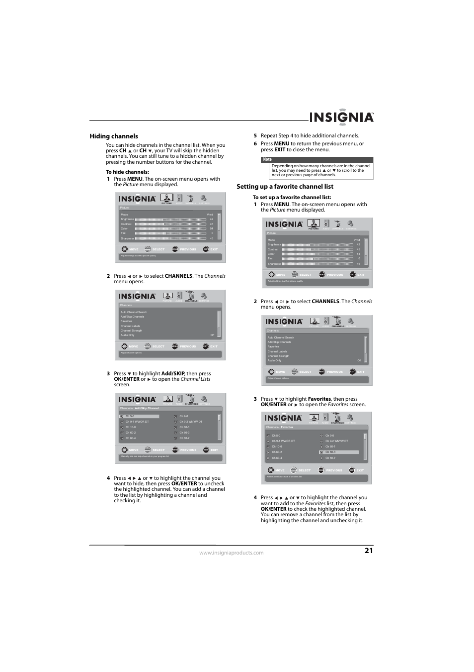 Hiding channels, Setting up a favorite channel list, Hiding channels setting up a favorite channel list | Ee “setting up a favorite channel list | Insignia NS-L22Q-10A User Manual | Page 25 / 40