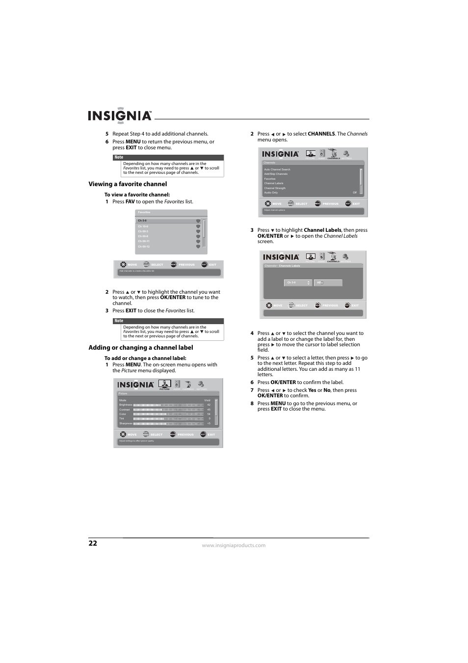 Viewing a favorite channel, Adding or changing a channel label | Insignia NS-L22Q-10A User Manual | Page 26 / 40