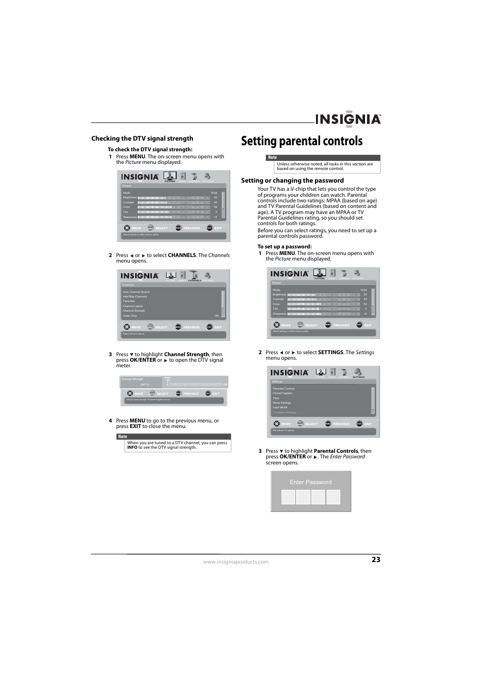 Checking the dtv signal strength, Setting parental controls, Setting or changing the password | Enter password | Insignia NS-L22Q-10A User Manual | Page 27 / 40