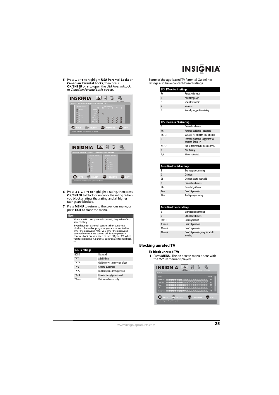 Blocking unrated tv, U.s. tv ratings, U.s. tv content ratings | U.s. movie (mpaa) ratings, Canadian english ratings, Canadian french ratings | Insignia NS-L22Q-10A User Manual | Page 29 / 40