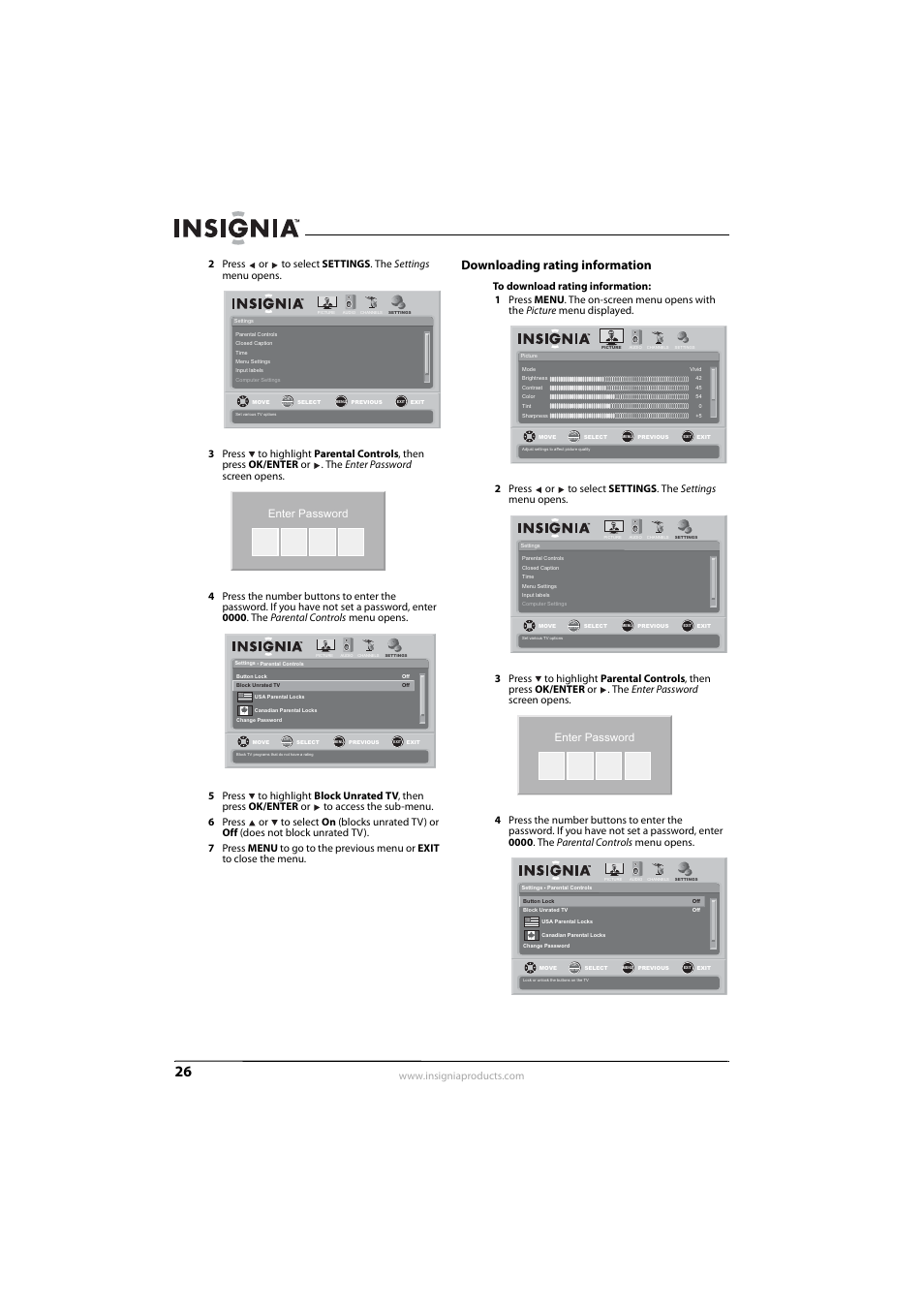 Downloading rating information, Enter password | Insignia NS-L22Q-10A User Manual | Page 30 / 40