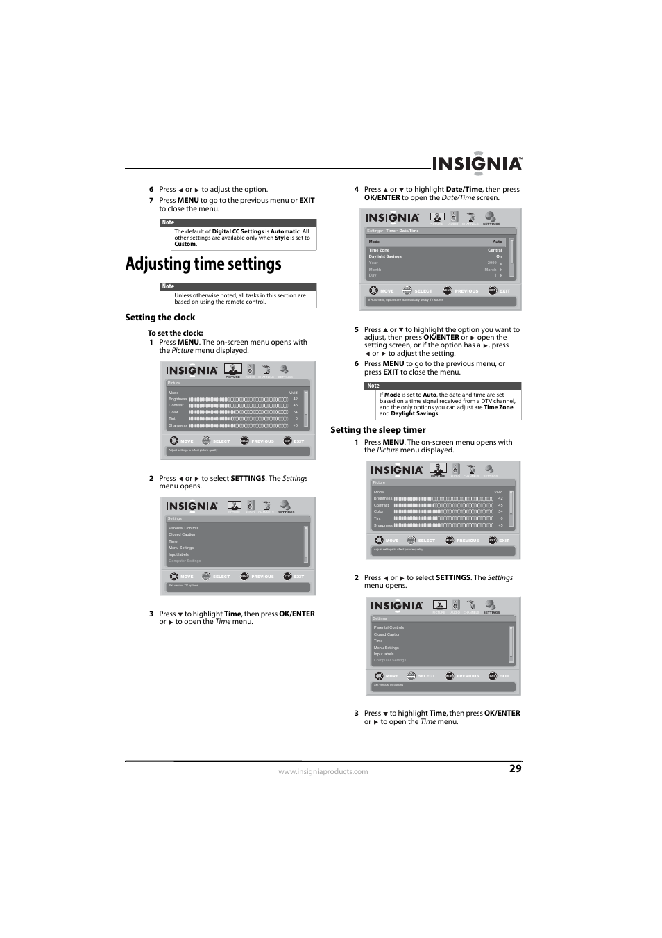 Adjusting time settings, Setting the clock, Setting the sleep timer | Setting the clock setting the sleep timer, Ee “setting the sleep timer” o | Insignia NS-L22Q-10A User Manual | Page 33 / 40