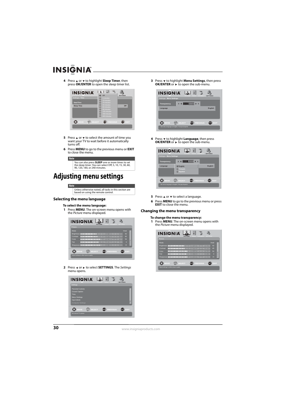 Adjusting menu settings, Selecting the menu language, Changing the menu transparency | Selecting the menu language” o, 30 o | Insignia NS-L22Q-10A User Manual | Page 34 / 40