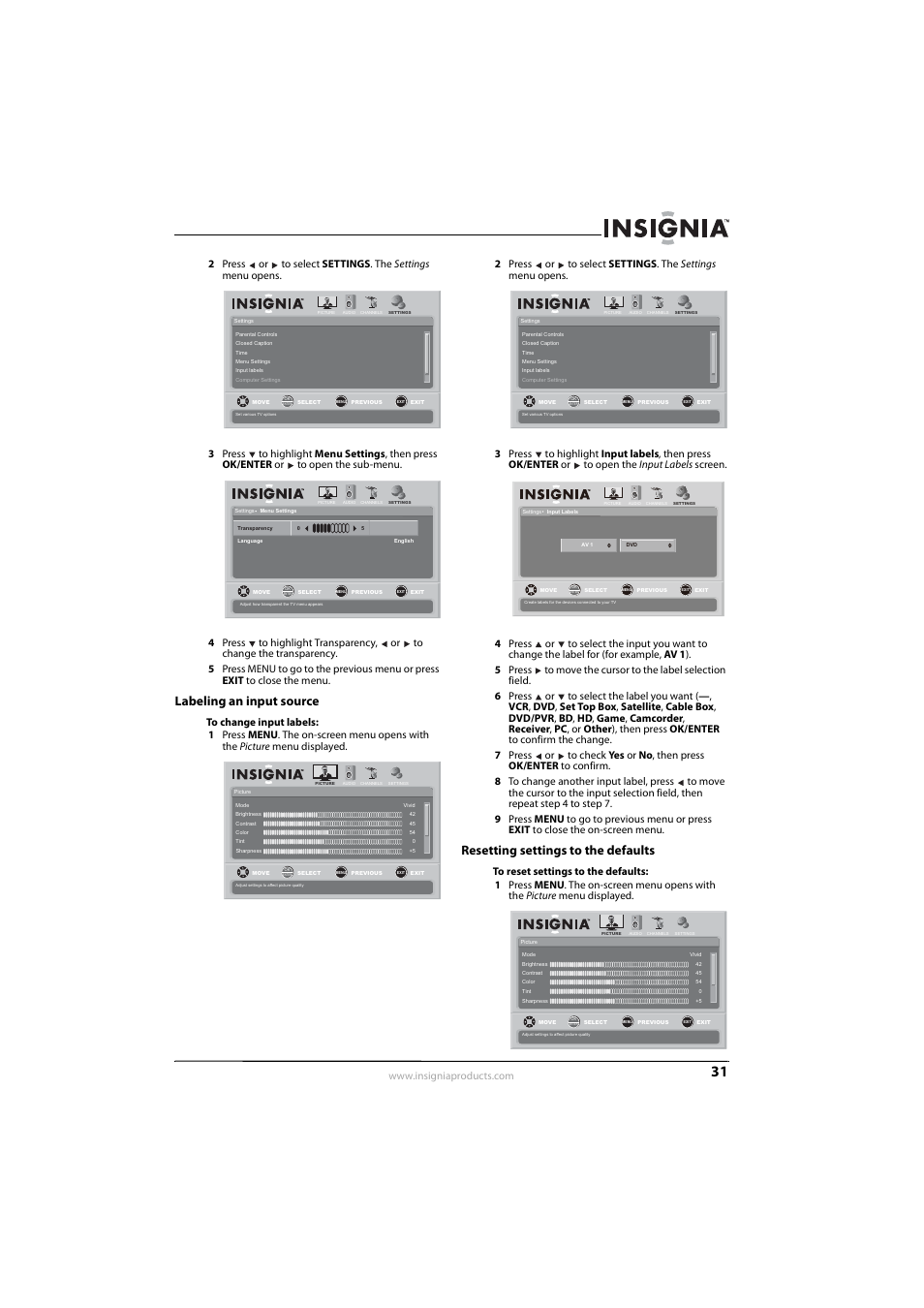 Labeling an input source, Resetting settings to the defaults | Insignia NS-L22Q-10A User Manual | Page 35 / 40