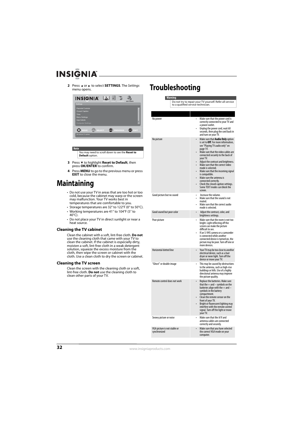 Maintaining, Cleaning the tv cabinet, Cleaning the tv screen | Troubleshooting, Cleaning the tv cabinet cleaning the tv screen | Insignia NS-L22Q-10A User Manual | Page 36 / 40