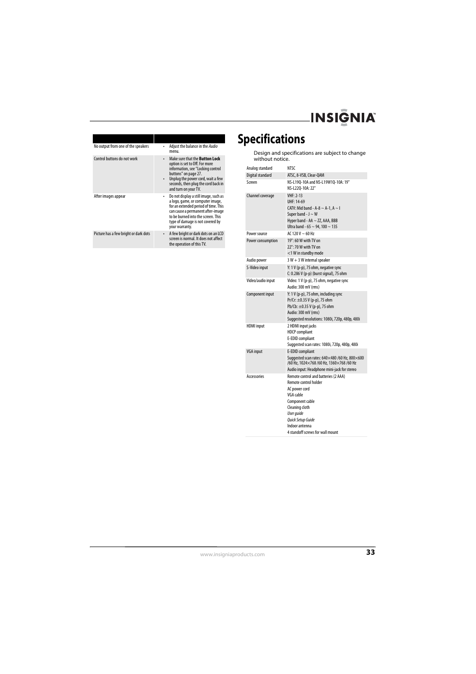 Specifications | Insignia NS-L22Q-10A User Manual | Page 37 / 40