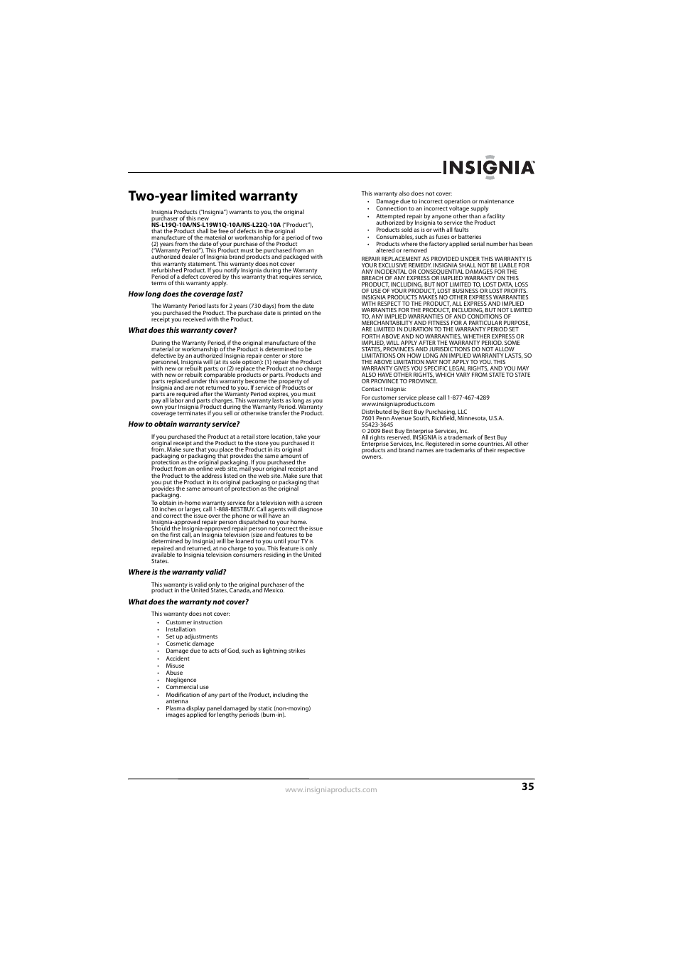 Two-year limited warranty | Insignia NS-L22Q-10A User Manual | Page 39 / 40