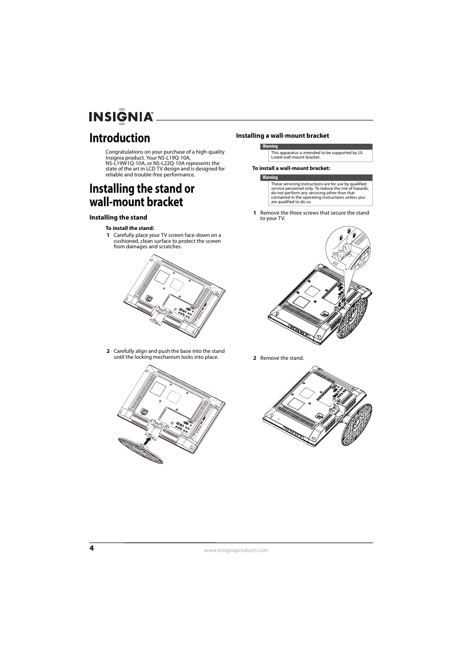 Introduction, Installing the stand or wall-mount bracket, Installing the stand | Installing a wall-mount bracket | Insignia NS-L22Q-10A User Manual | Page 8 / 40