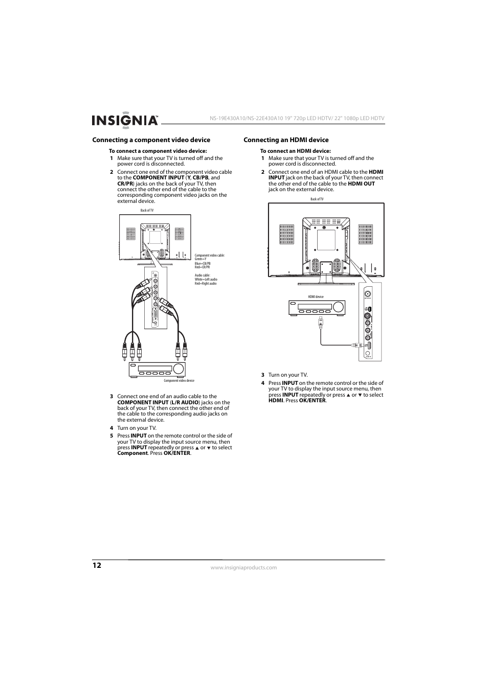 Connecting a component video device, Connecting an hdmi device, E “connecting a component video device” o | 12 or | Insignia 09-1082 User Manual | Page 16 / 44
