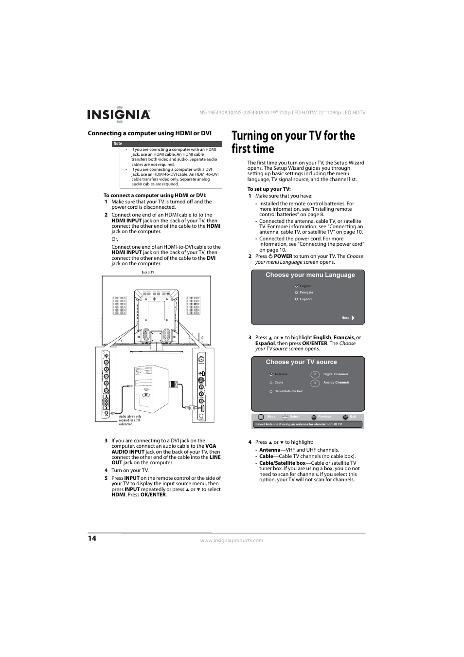 Connecting a computer using hdmi or dvi, Turning on your tv for the first time, E “connecting a computer using hdmi or dvi” o | Choose your menu language, Choose your tv source | Insignia 09-1082 User Manual | Page 18 / 44