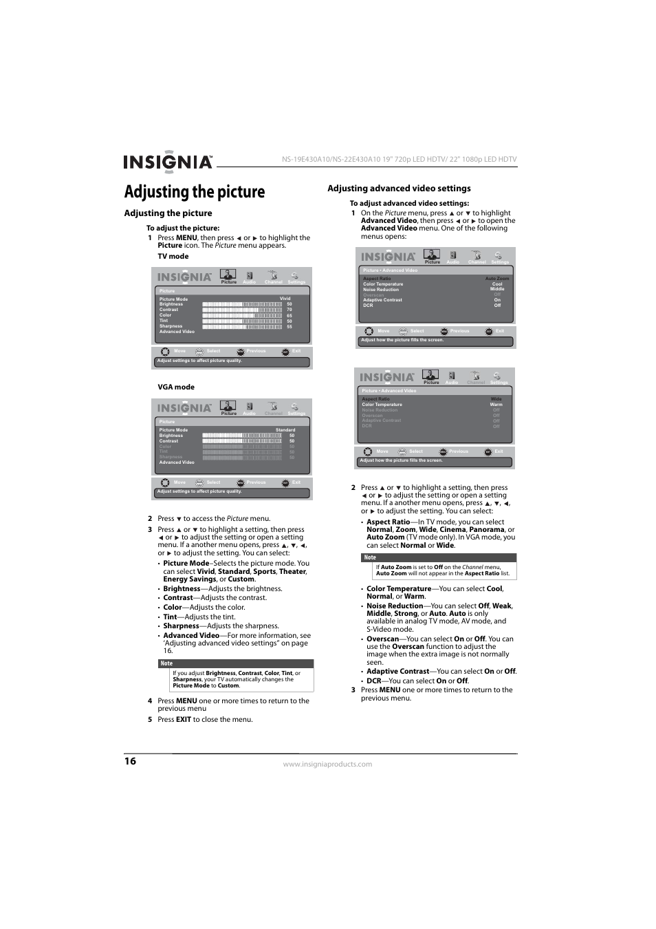 Adjusting the picture, Adjusting advanced video settings | Insignia 09-1082 User Manual | Page 20 / 44