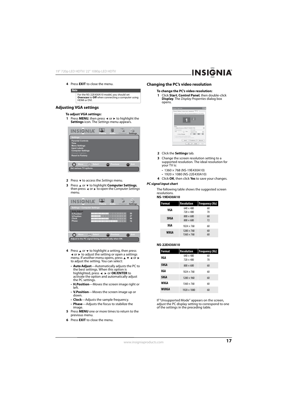 Adjusting vga settings, Changing the pc’s video resolution | Insignia 09-1082 User Manual | Page 21 / 44
