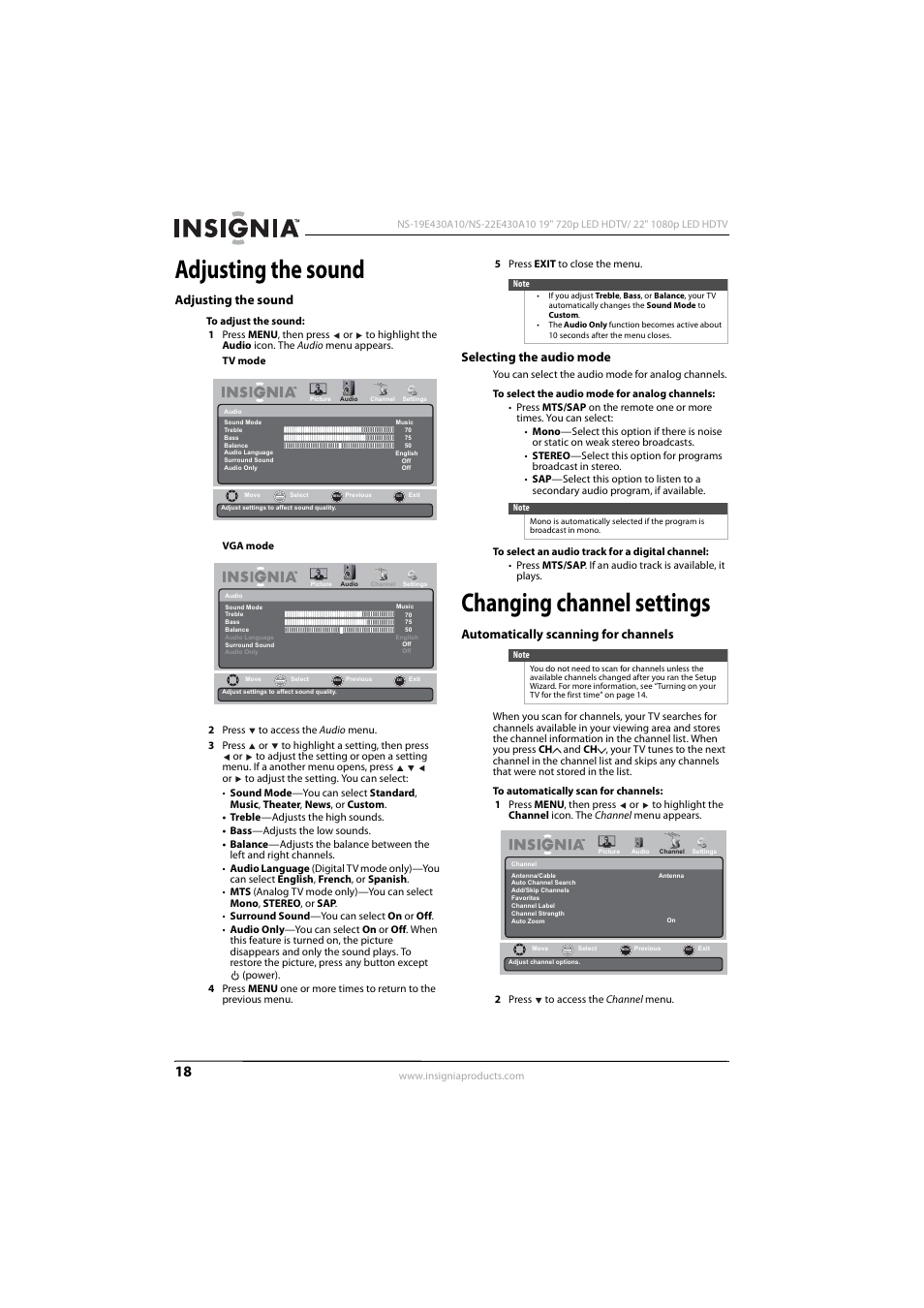 Adjusting the sound, Selecting the audio mode, Changing channel settings | Automatically scanning for channels, Adjusting the sound selecting the audio mode, Ee “adjusting the sound | Insignia 09-1082 User Manual | Page 22 / 44