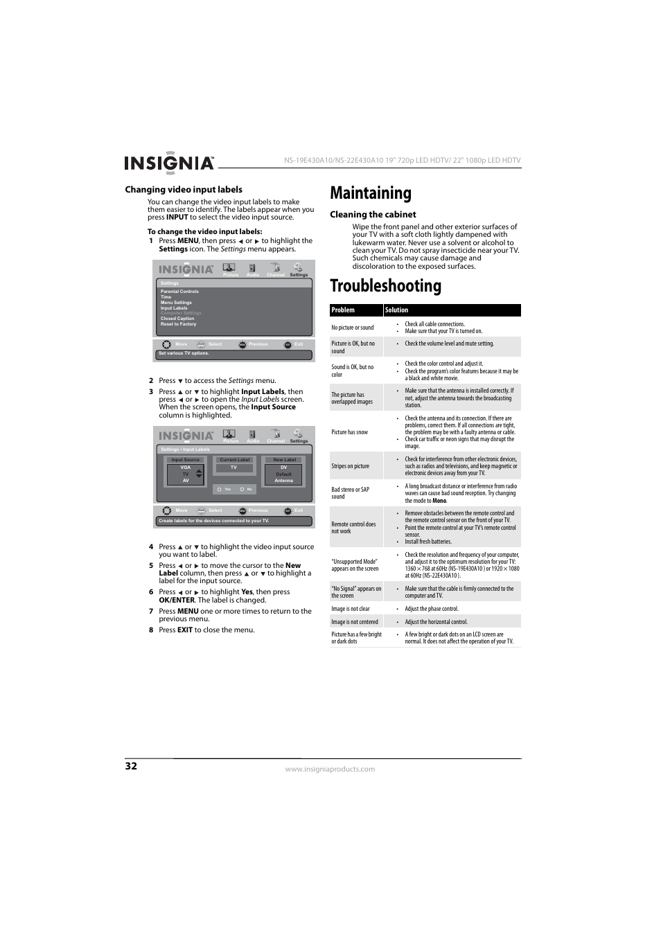 Changing video input labels, Maintaining, Cleaning the cabinet | Troubleshooting | Insignia 09-1082 User Manual | Page 36 / 44