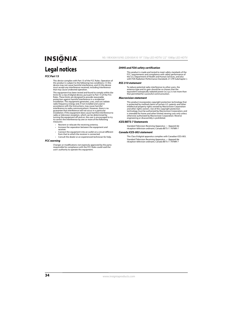 Legal notices | Insignia 09-1082 User Manual | Page 38 / 44