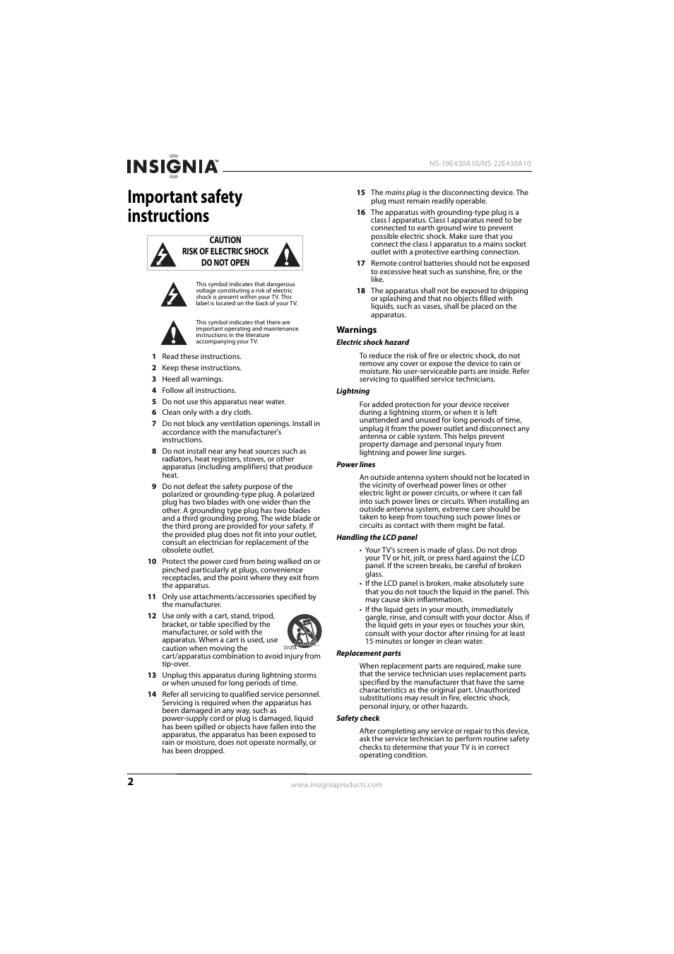 Important safety instructions, Warnings | Insignia 09-1082 User Manual | Page 6 / 44