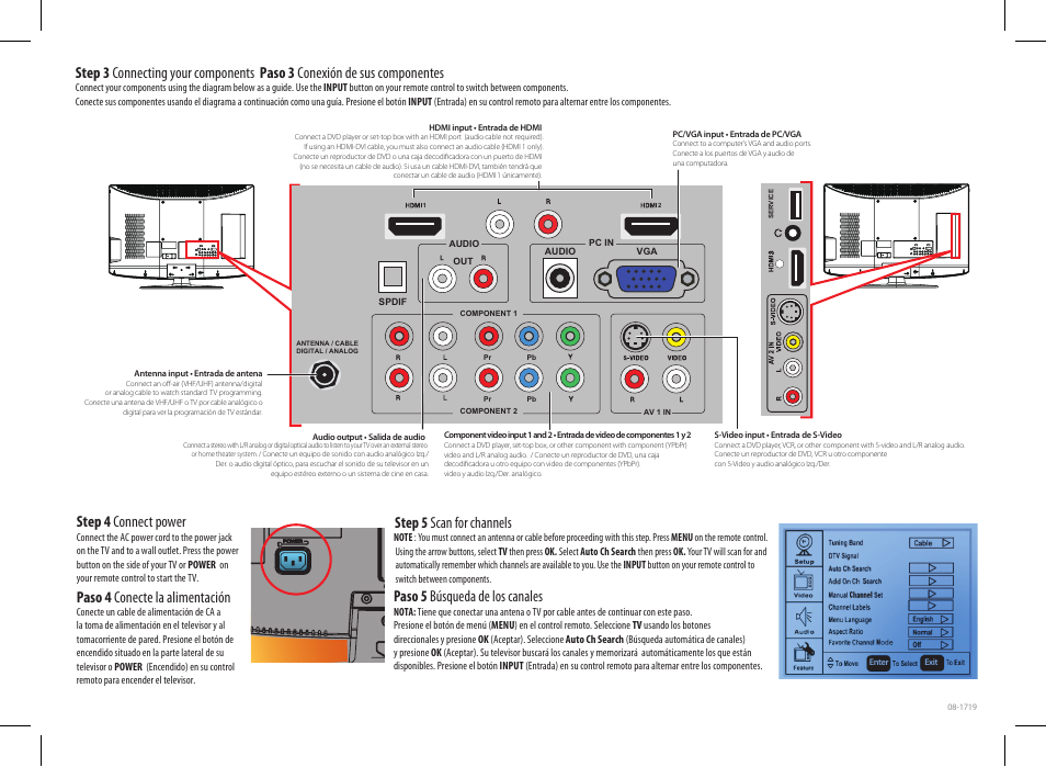 Step 4 connect power, Paso 4 conecte la alimentación, Step 5 scan for channels | Paso 5 búsqueda de los canales | Insignia NS-LCD42HD-09 User Manual | Page 2 / 2
