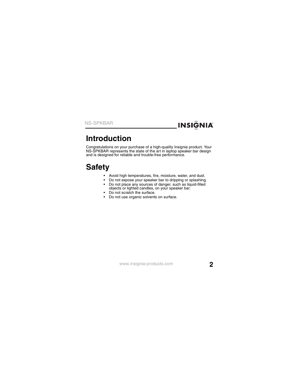 Introduction, Safety, Introduction safety | Insignia NS-SPKBAR User Manual | Page 3 / 20