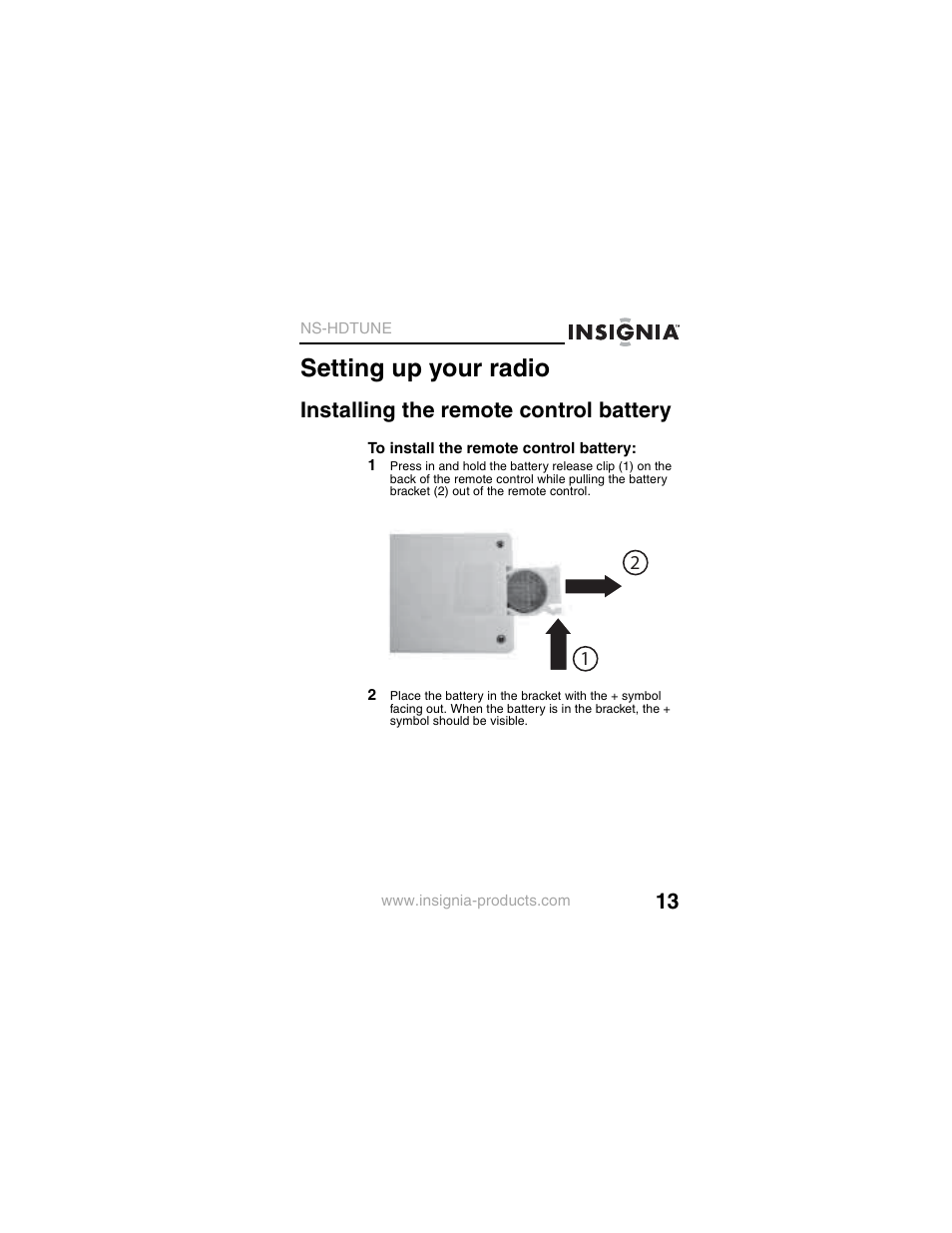 Setting up your radio, Installing the remote control battery | Insignia NS-HDTUNE User Manual | Page 15 / 32