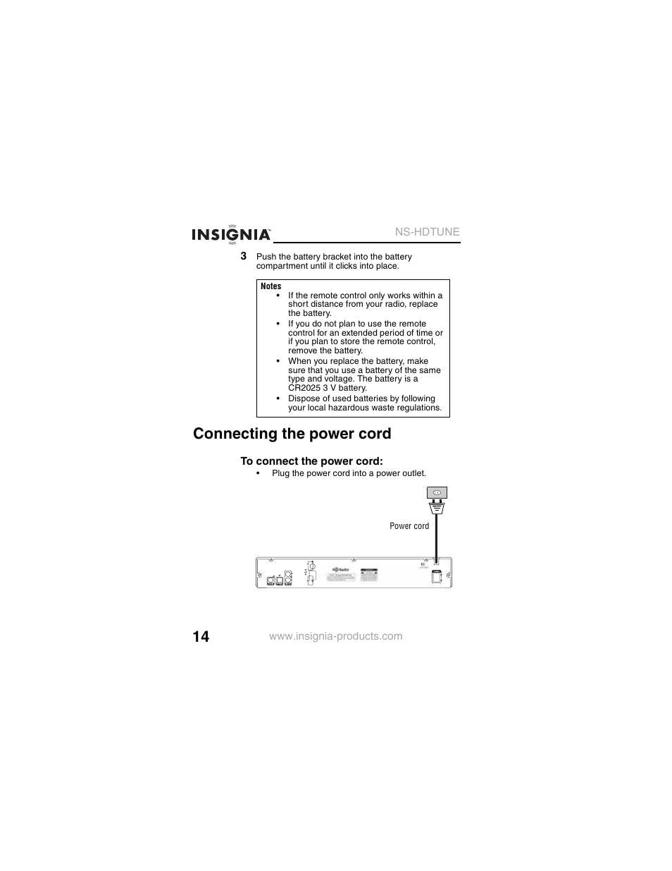 Connecting the power cord | Insignia NS-HDTUNE User Manual | Page 16 / 32