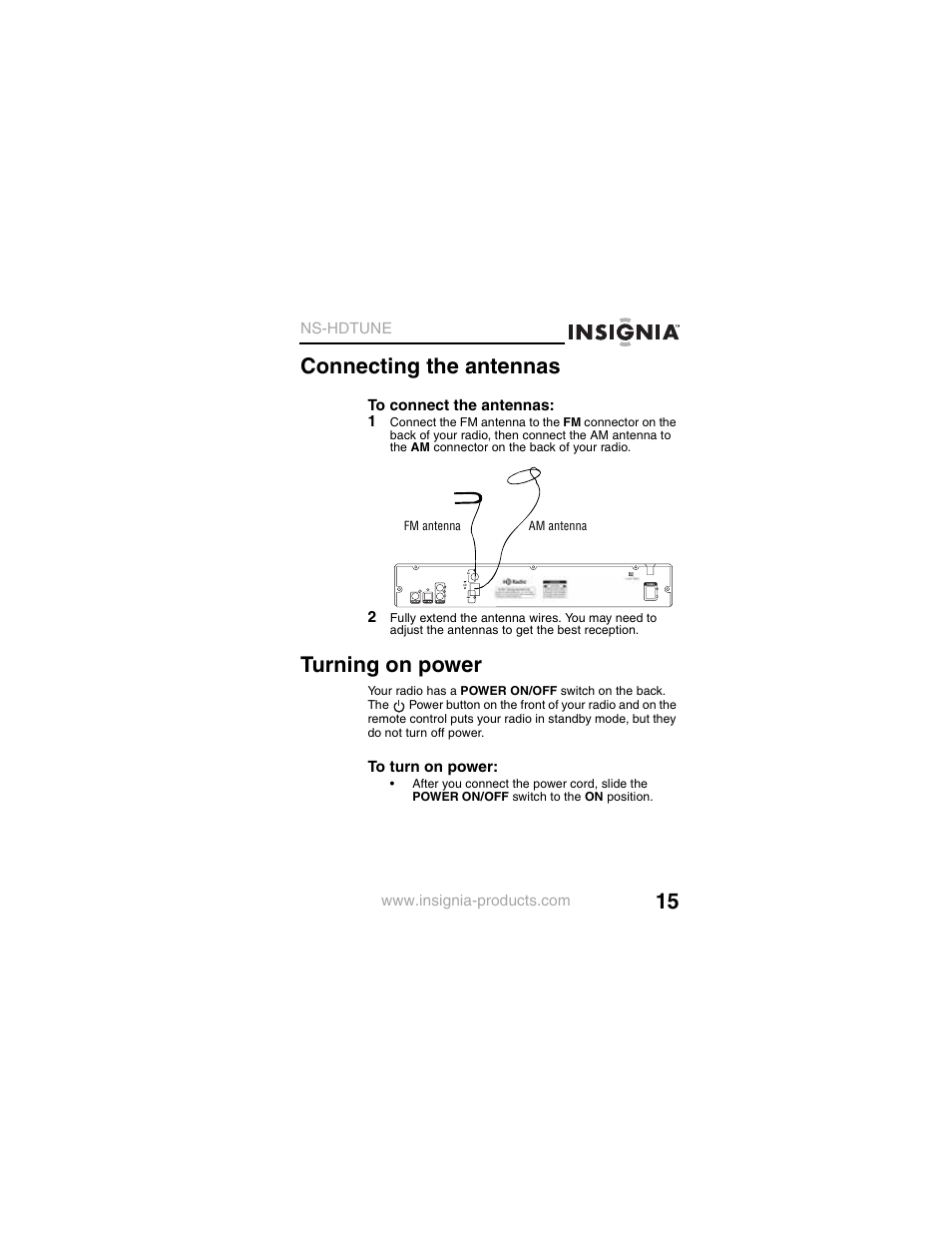 Connecting the antennas, Turning on power | Insignia NS-HDTUNE User Manual | Page 17 / 32