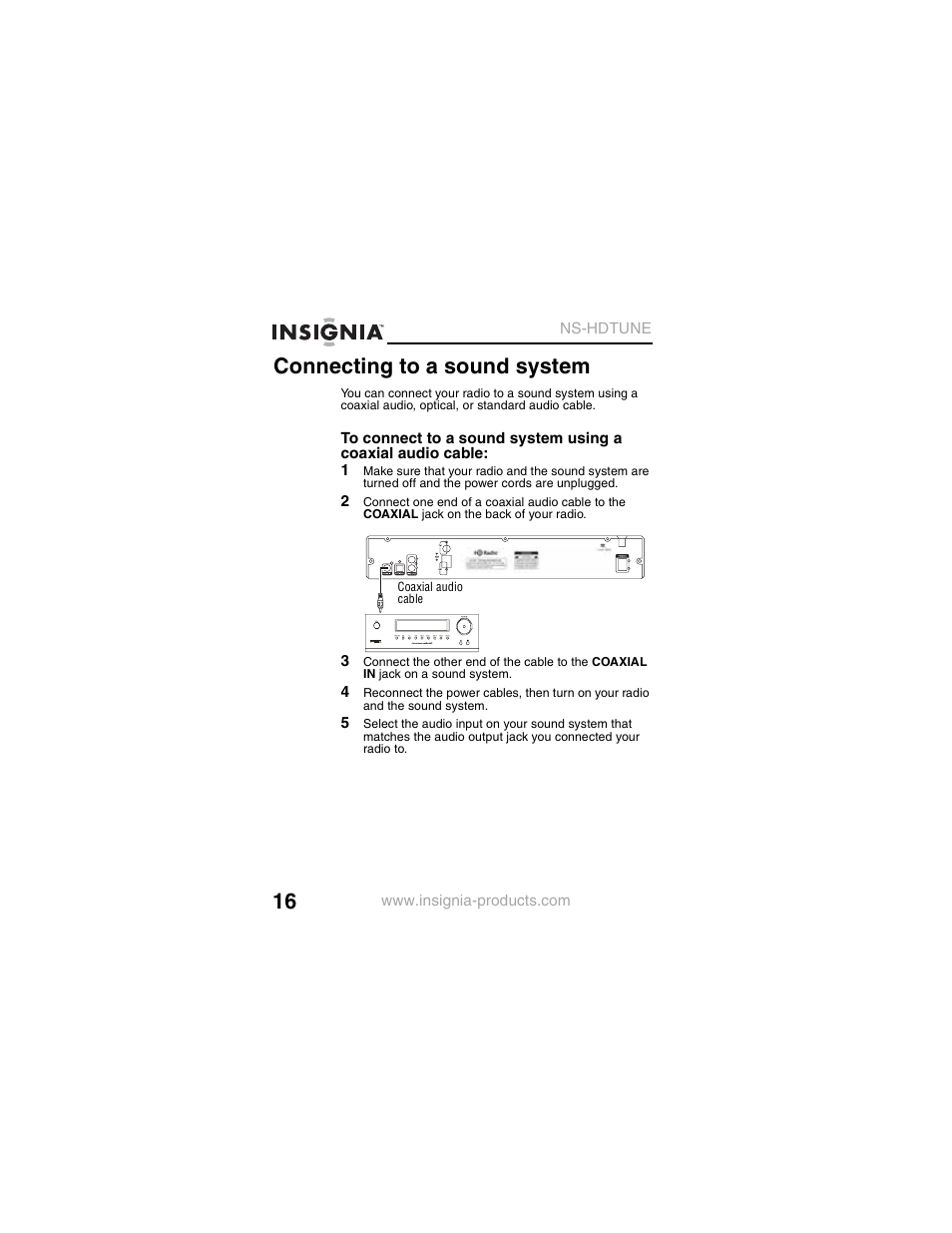 Connecting to a sound system | Insignia NS-HDTUNE User Manual | Page 18 / 32