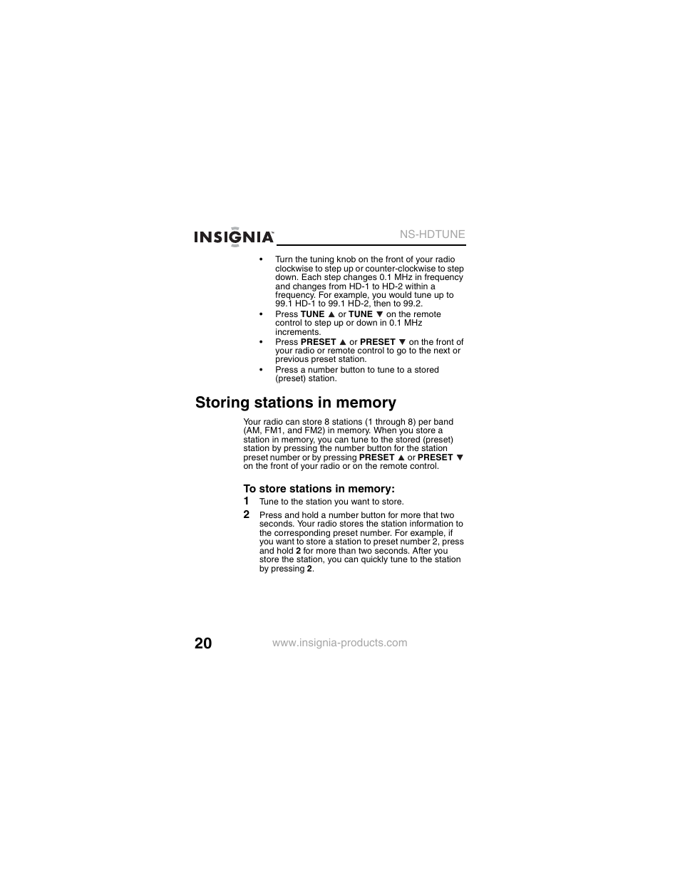 Storing stations in memory | Insignia NS-HDTUNE User Manual | Page 22 / 32