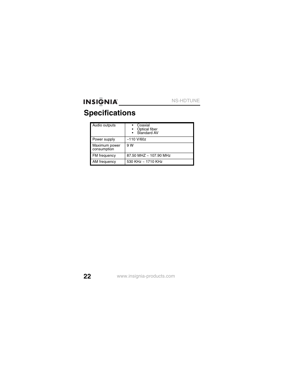 Specifications | Insignia NS-HDTUNE User Manual | Page 24 / 32