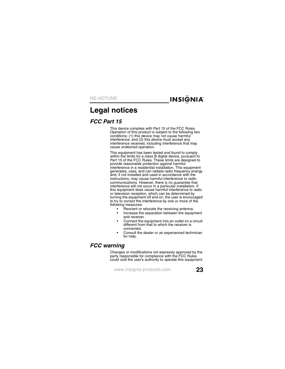 Legal notices, Fcc part 15, Fcc warning | Insignia NS-HDTUNE User Manual | Page 25 / 32