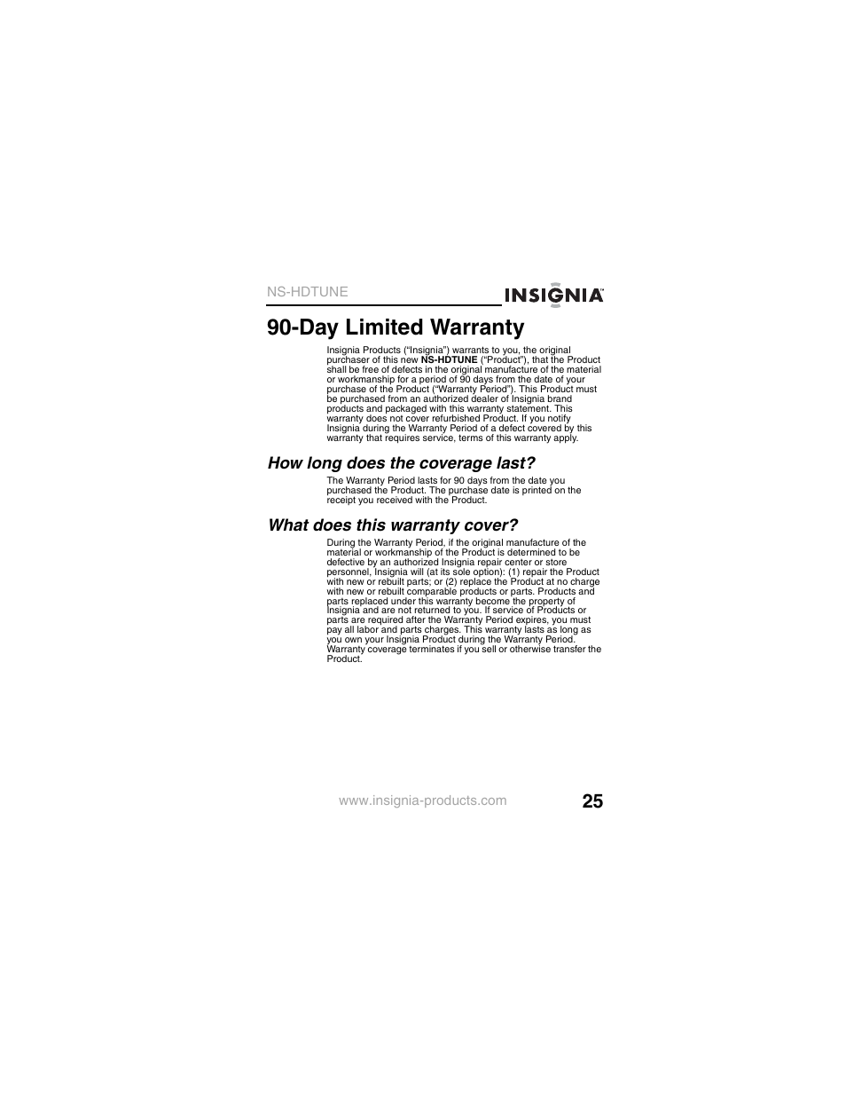 Day limited warranty | Insignia NS-HDTUNE User Manual | Page 27 / 32