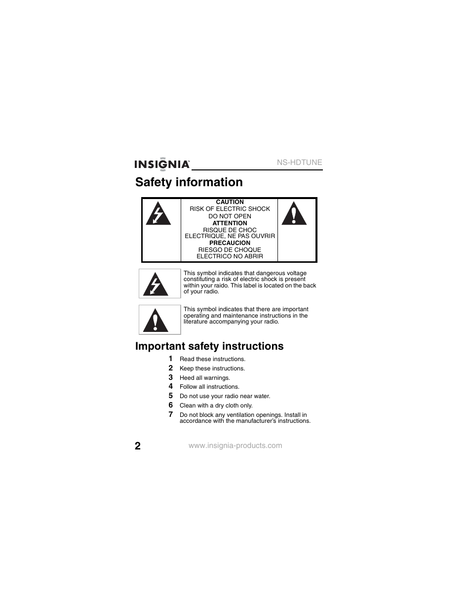 Safety information, Important safety instructions | Insignia NS-HDTUNE User Manual | Page 4 / 32