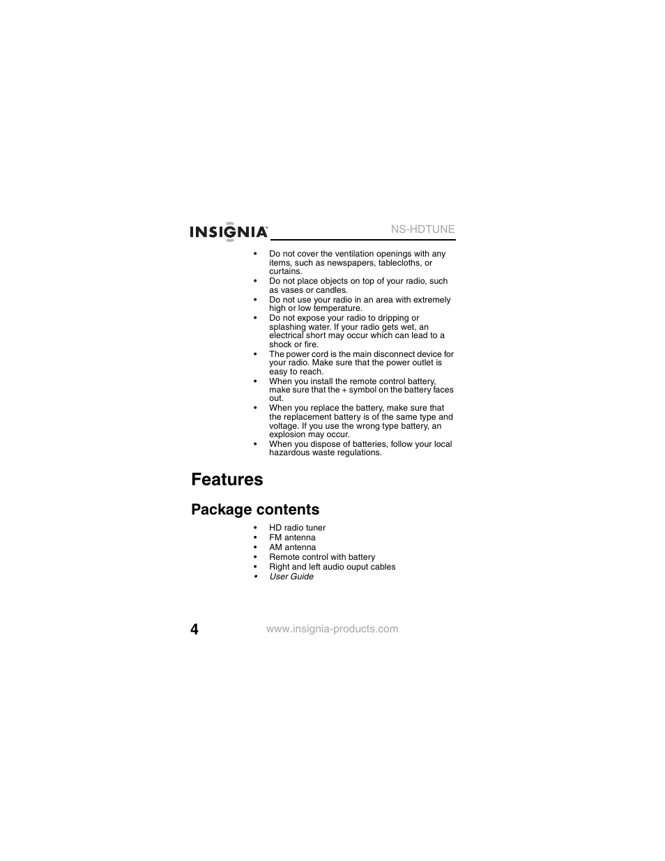 Features, Package contents | Insignia NS-HDTUNE User Manual | Page 6 / 32