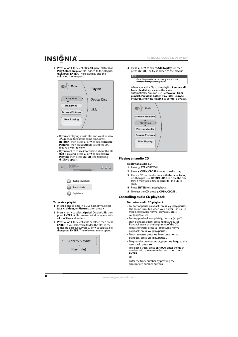 Playing an audio cd, Controlling audio cd playback, Playing an audio cd controlling audio cd playback | Insignia NS-BRDVD3-CA User Manual | Page 12 / 28