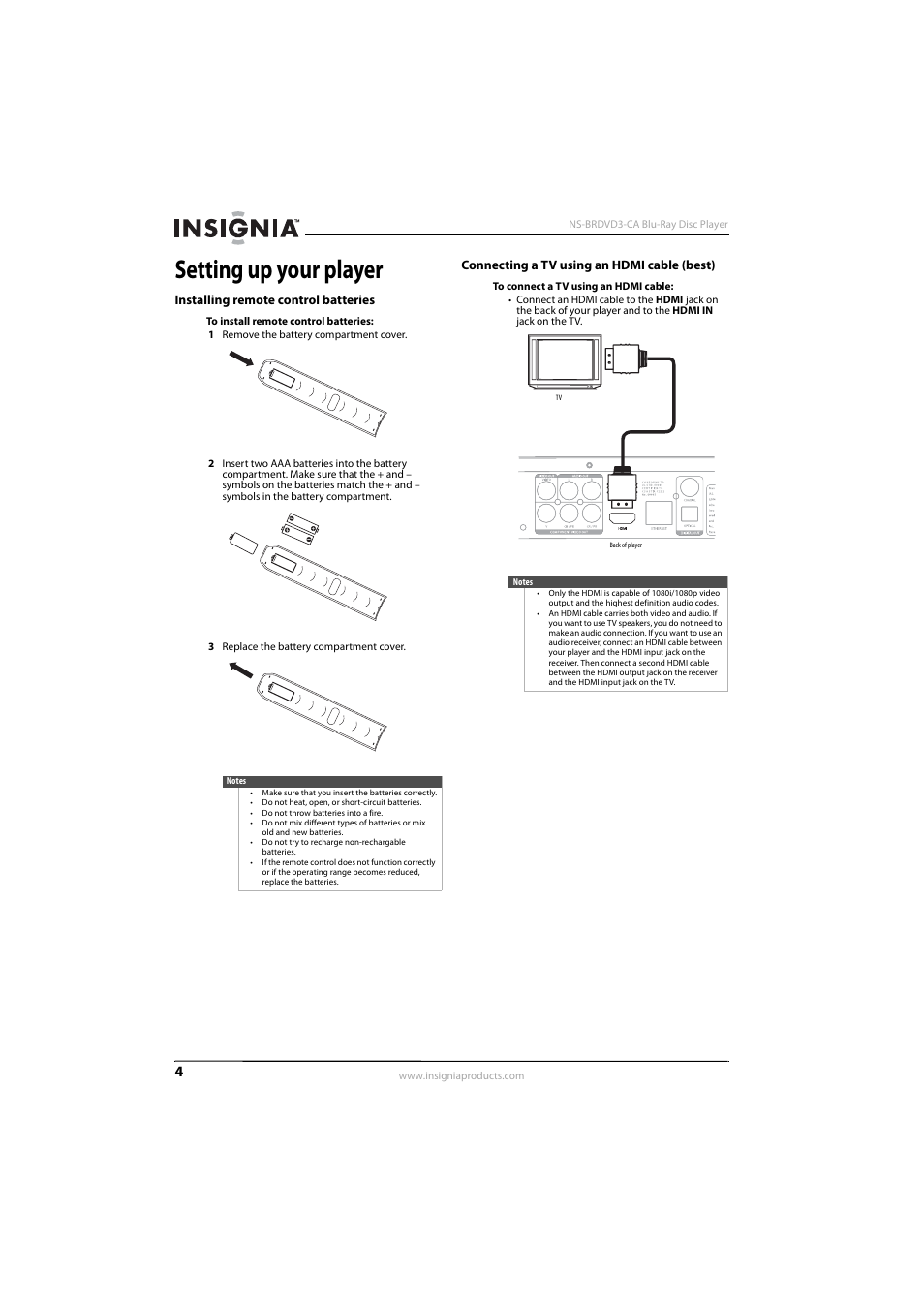 Setting up your player, Installing remote control batteries, Connecting a tv using an hdmi cable (best) | Insignia NS-BRDVD3-CA User Manual | Page 8 / 28