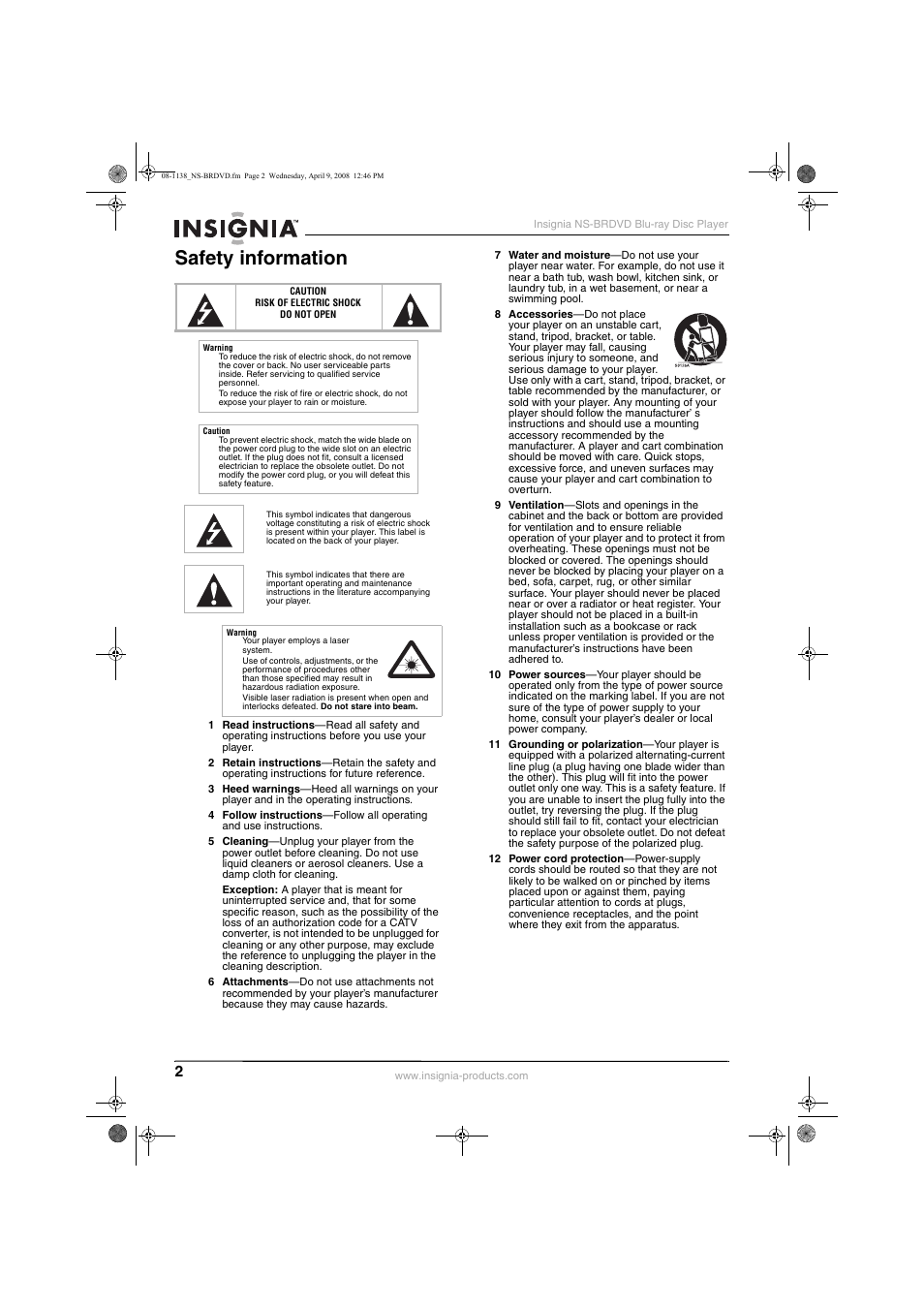 Safety information | Insignia NS-BRDVD User Manual | Page 10 / 126