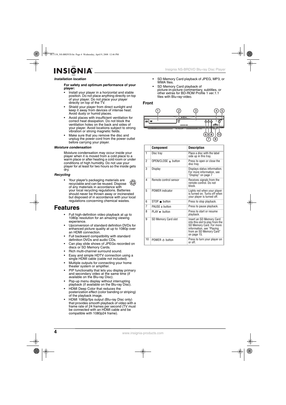 Features | Insignia NS-BRDVD User Manual | Page 12 / 126