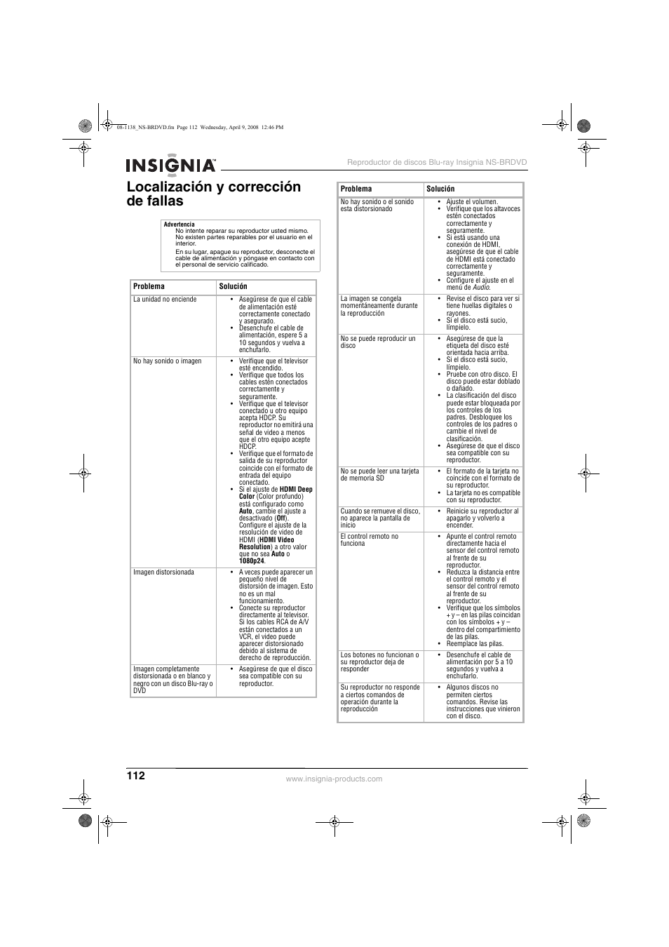 Localización y corrección de fallas | Insignia NS-BRDVD User Manual | Page 120 / 126