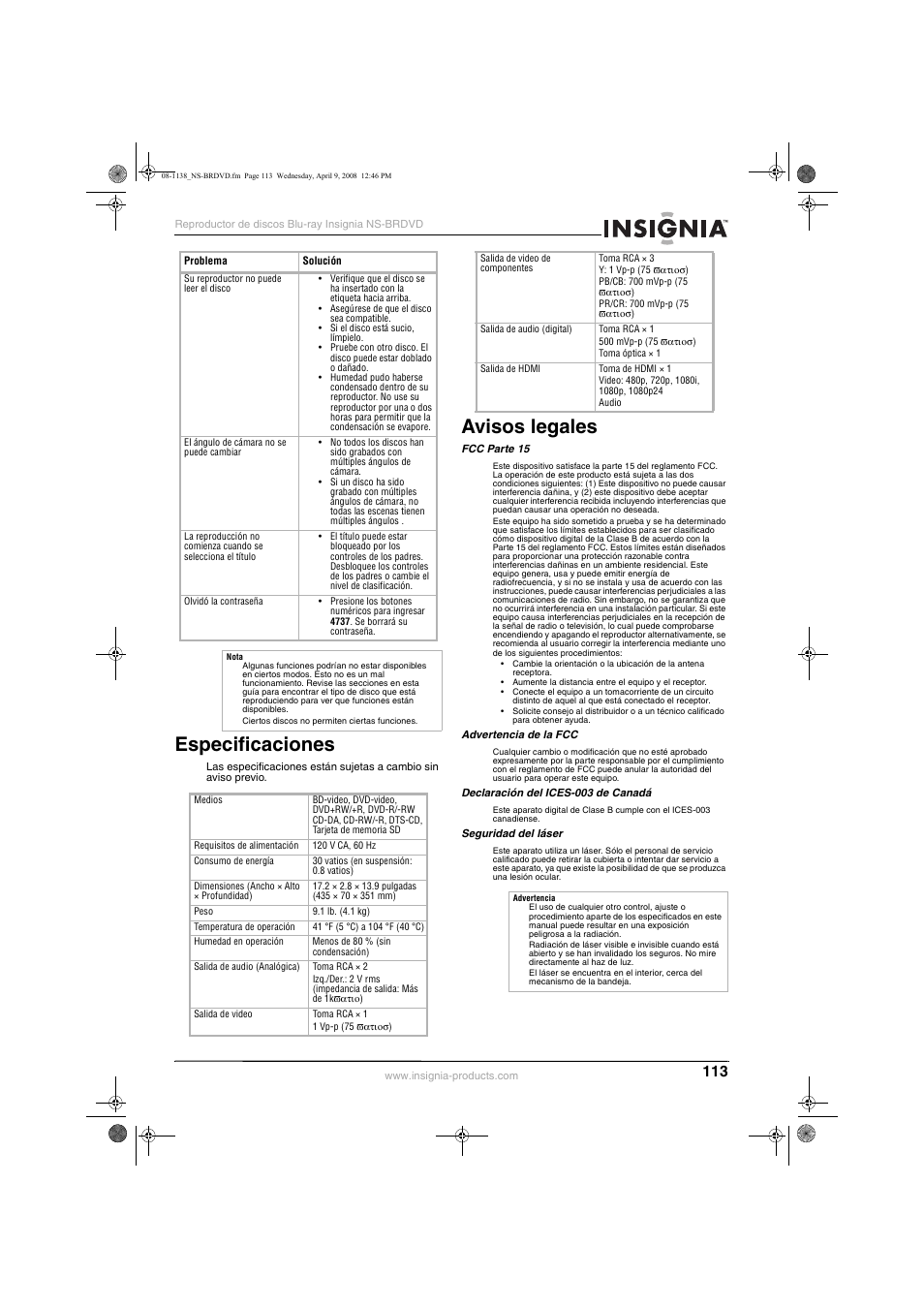 Especificaciones, Avisos legales | Insignia NS-BRDVD User Manual | Page 121 / 126