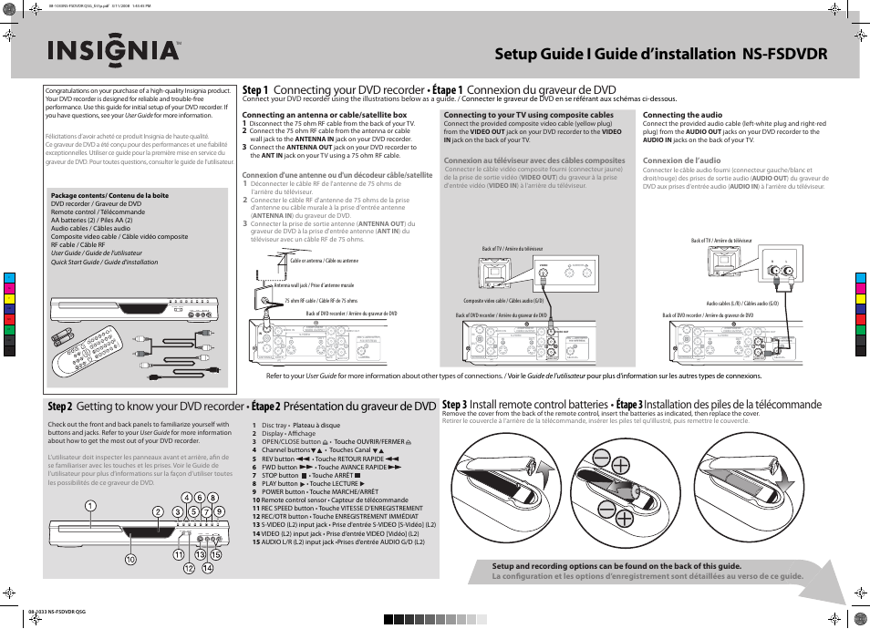 Ns-fsdvdr setup guide i guide d’installation, Connecting an antenna or cable/satellite box 1, Connecting to your tv using composite cables | Connexion au téléviseur avec des câbles composites, Connecting the audio, Connexion de l’audio | Insignia NS-BRDVD User Manual | Page 2 / 126