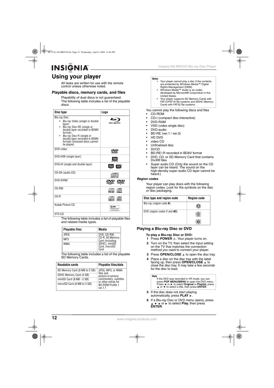 Using your player | Insignia NS-BRDVD User Manual | Page 20 / 126
