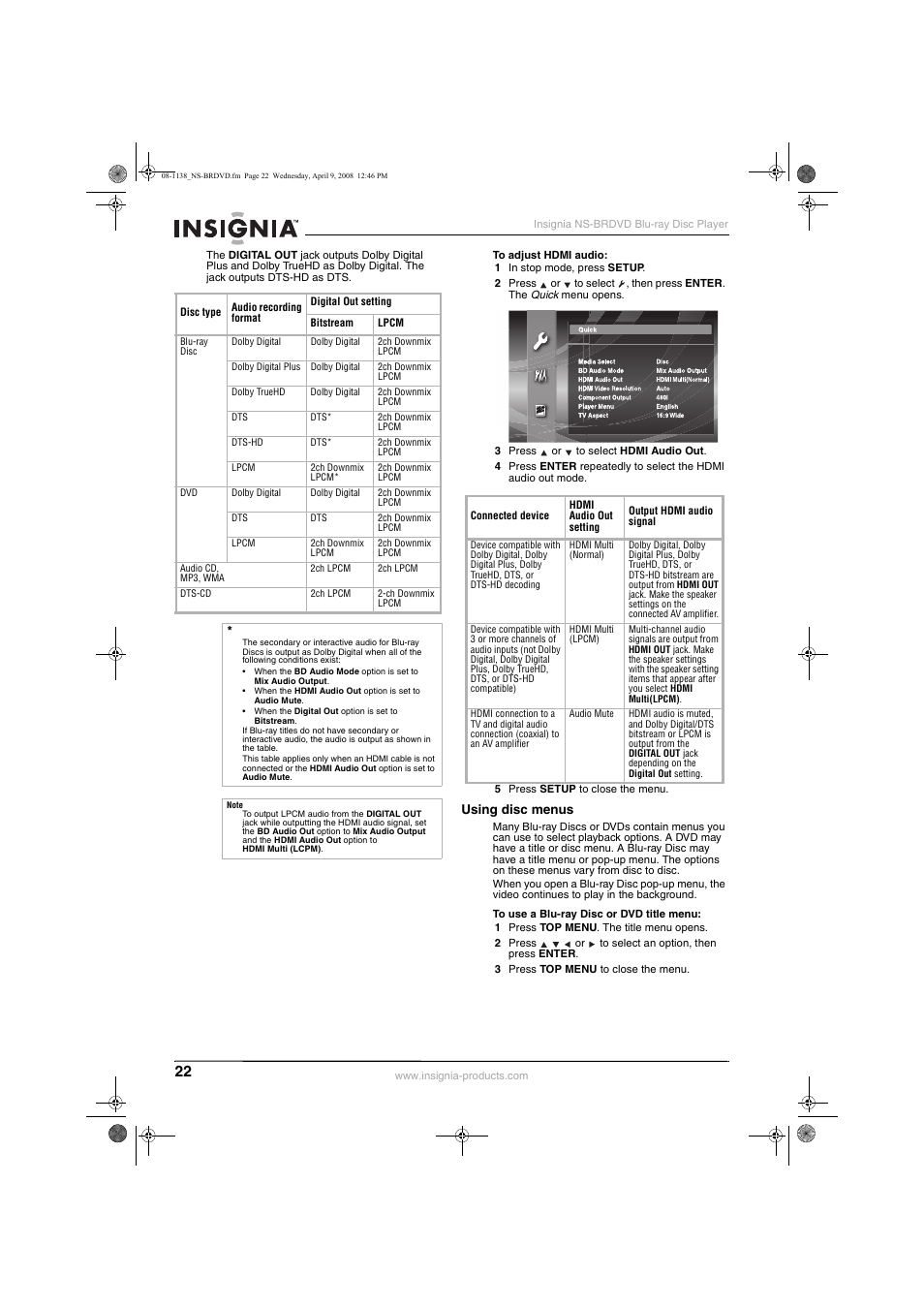 Insignia NS-BRDVD User Manual | Page 30 / 126