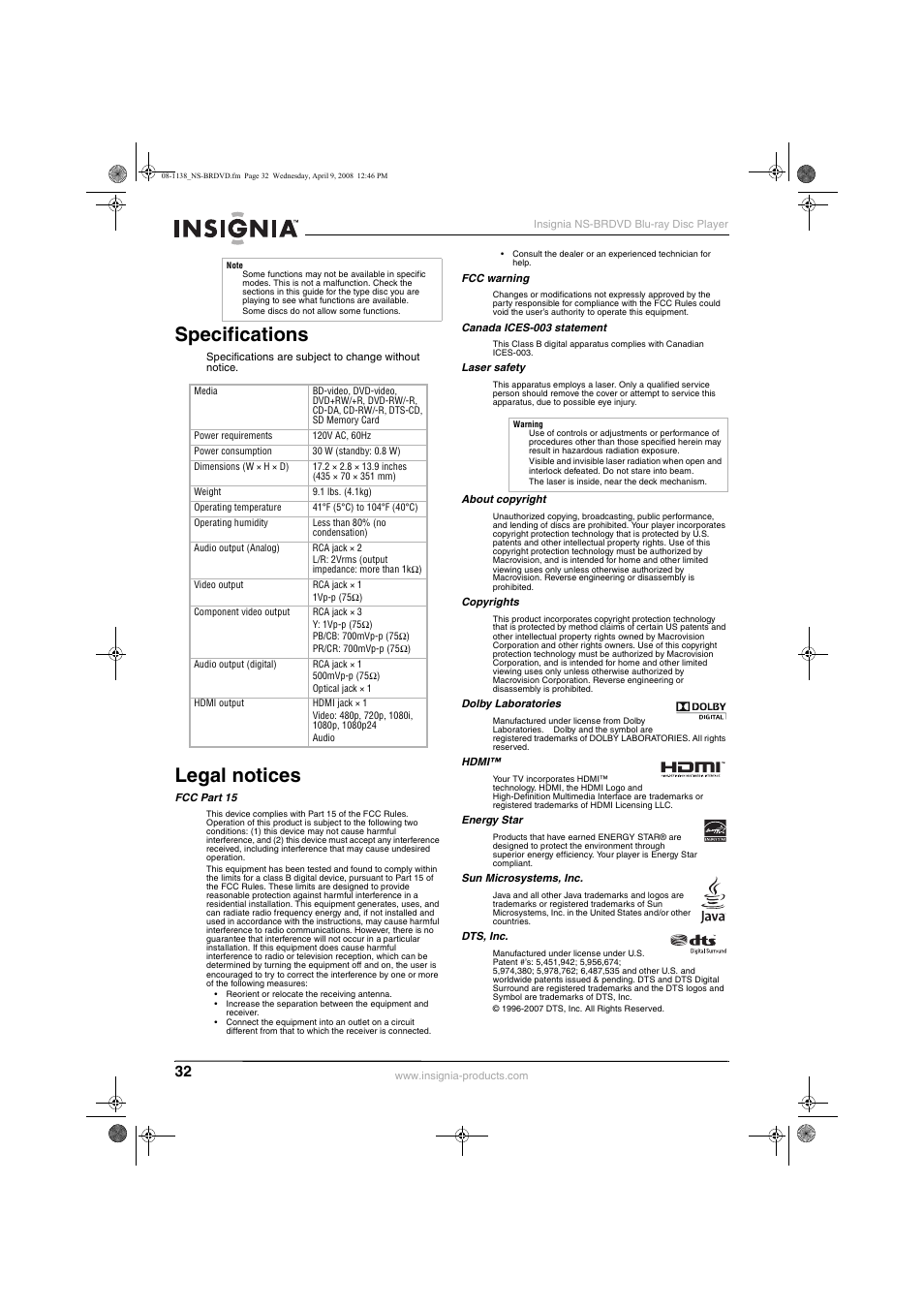 Specifications, Legal notices | Insignia NS-BRDVD User Manual | Page 40 / 126